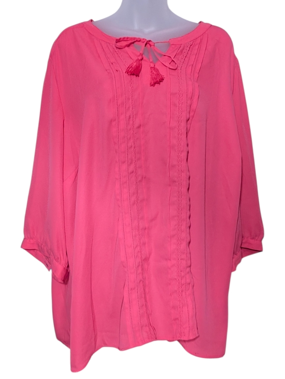 CJ Banks 3XL Hot Pink Tassel Tie Peasant Tunic Ruffle Accent Flowy Barbie Boho